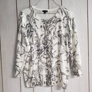 Talbots Charmin Cardigan Etched Toile Cream and Black Floral Design 3/4 Sleeves